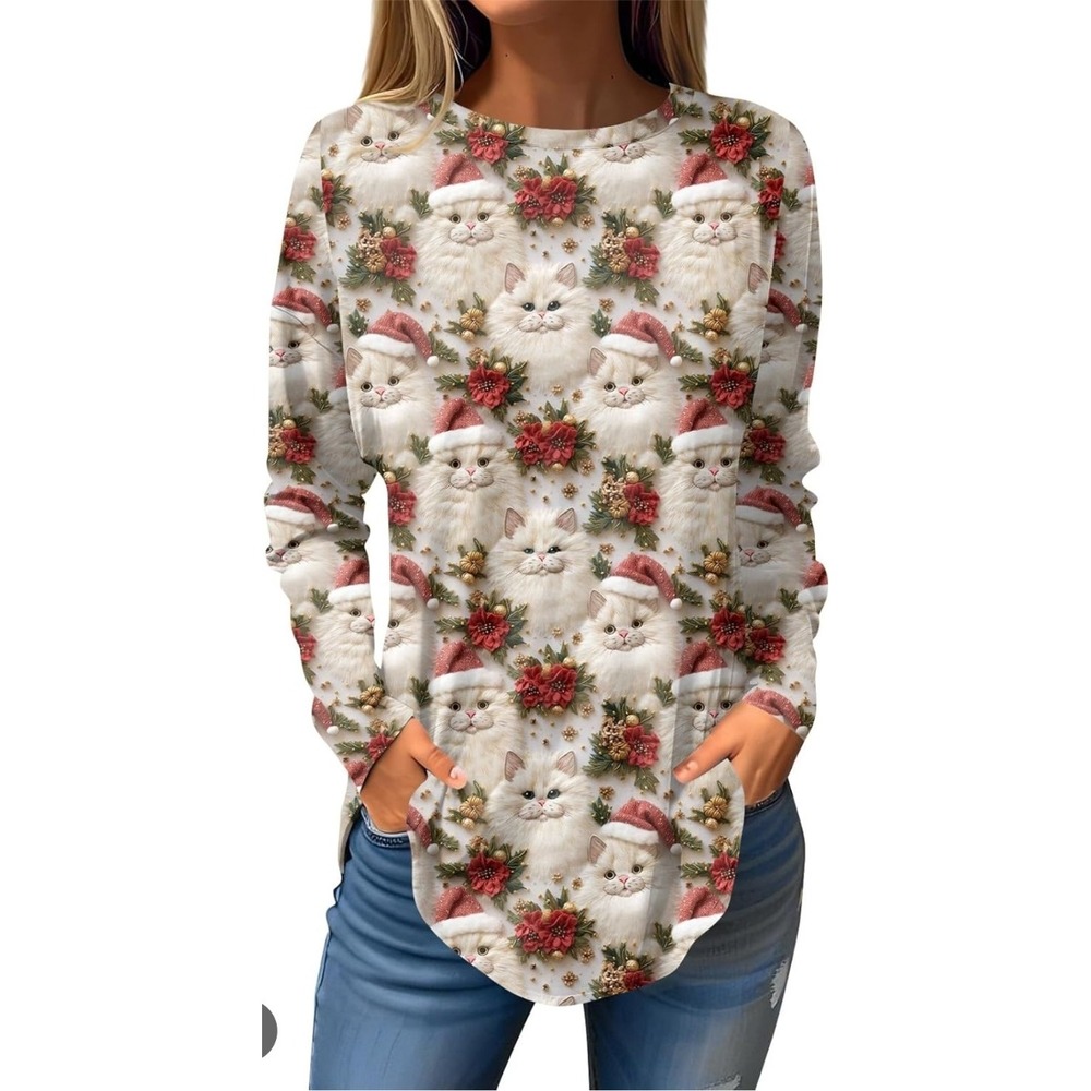 Christmas Cat Print Long Sleeve Holiday T-Shirt Top, Cute Women's Size S NWOT